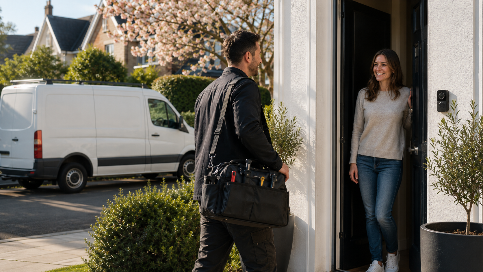 A Trady tradesperson arriving at a home with a tool bag, greeted at the door by a smiling homeowner, branded van parked on the street.